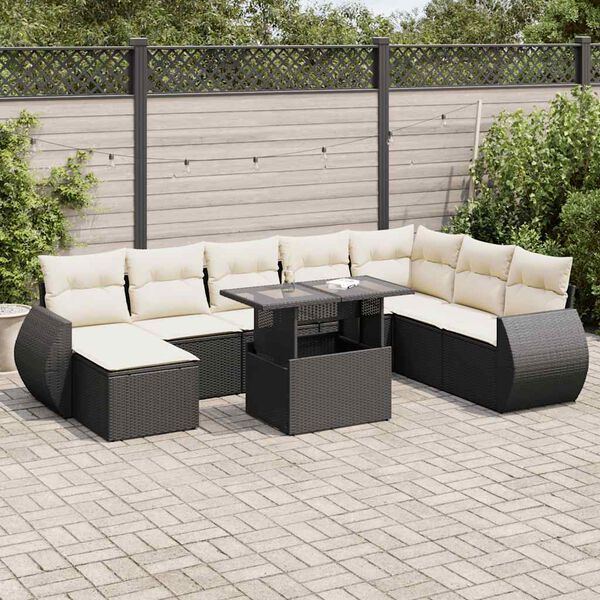 vidaXL 9 pcs conjunto de sof&aacute;s p/ jardim c/ almofad&otilde;es vime PE preto