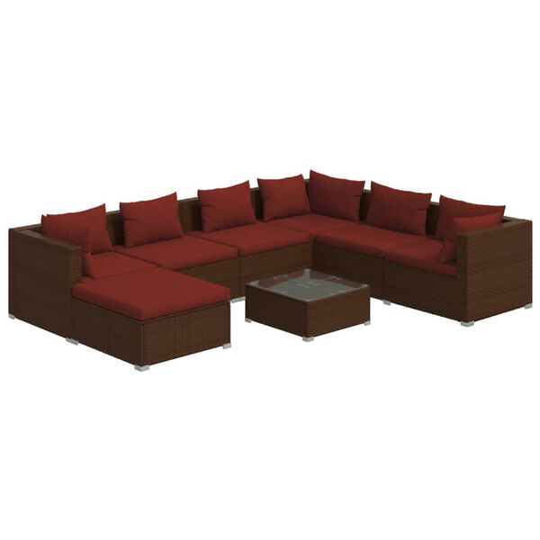 vidaXL 8 pcs conjunto lounge jardim c/ almofad&otilde;es vime PE castanho