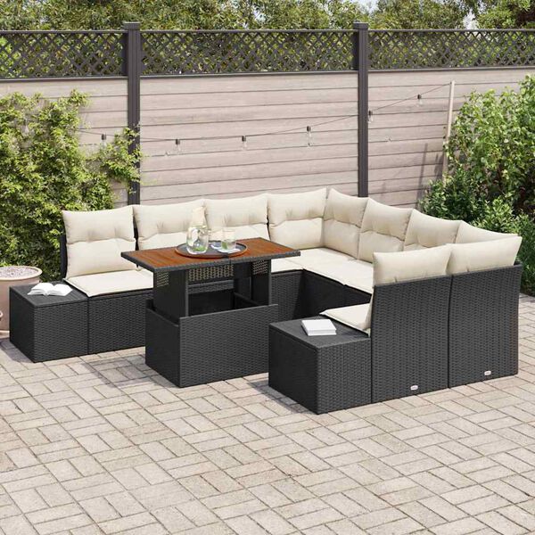 vidaXL Conjunto de Jantar para Jardim com almofada 9 pcs Preto e Creme