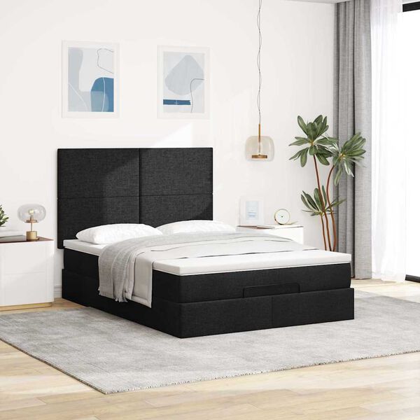 vidaXL Estrutura de cama otomana com colch&atilde;o 140x200 cm tecido preto