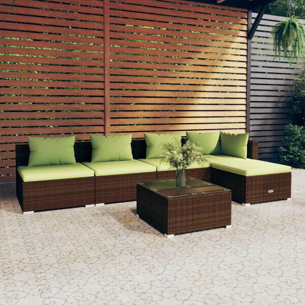 vidaXL 6 pcs conjunto lounge jardim c/ almofad&otilde;es vime PE castanho