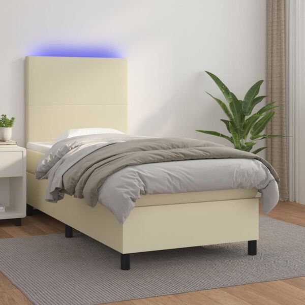 vidaXL Cama box spring c/ colch&atilde;o/LED 90x190 cm couro artificial creme