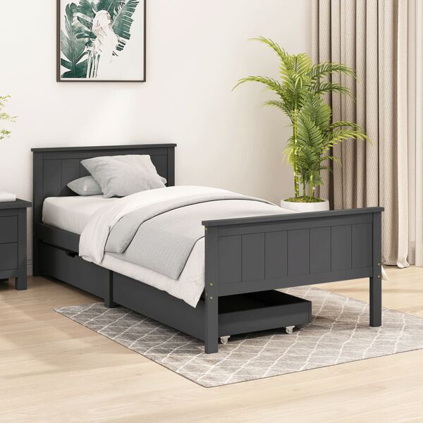 vidaXL Estrutura cama c/ 2 gavetas 90x200 cm pinho maci&ccedil;o cinza-escuro