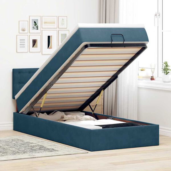 vidaXL Estrutura cama otomana com colch&atilde;o azul escuro 90x190cm veludo