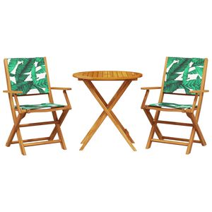 vidaXL 3 pcs conjunto de bistr&ocirc; tecido/madeira maci&ccedil;a padr&atilde;o folhas