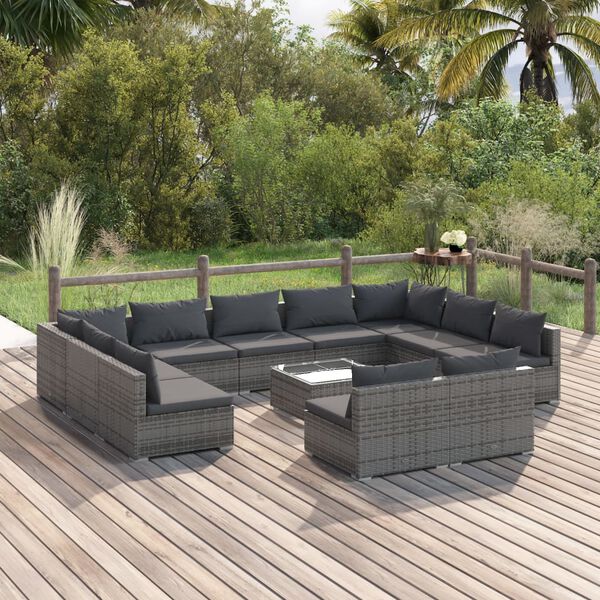 vidaXL 12 pcs conjunto lounge de jardim c/ almofad&otilde;es vime PE cinzento
