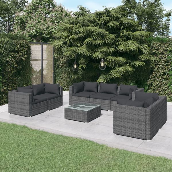 vidaXL 8 pcs conjunto lounge de jardim c/ almofad&otilde;es vime PE cinzento