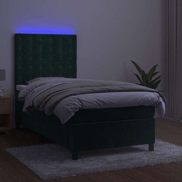 vidaXL Cama box spring c/ colch&atilde;o/LED 90x200 cm veludo verde-escuro