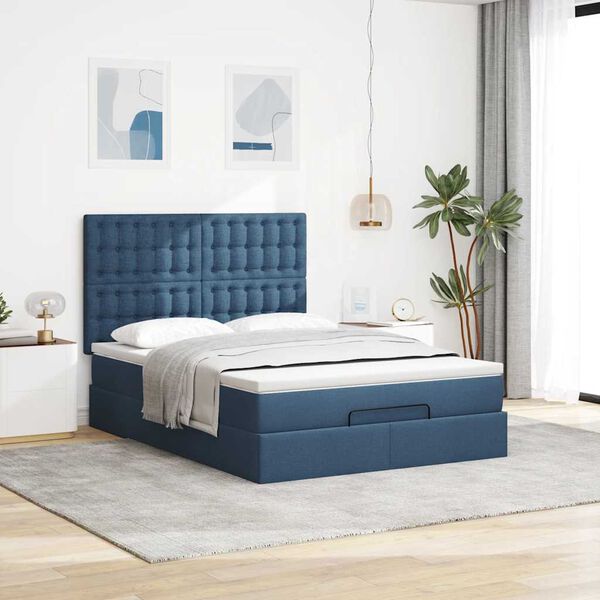 vidaXL Estrutura de cama otomana com colch&atilde;o tecido azul 140x200cm
