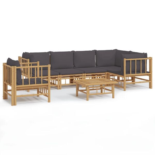 vidaXL 7pcs conj. lounge de jardim bambu c/ almofadões cinzento-escuro