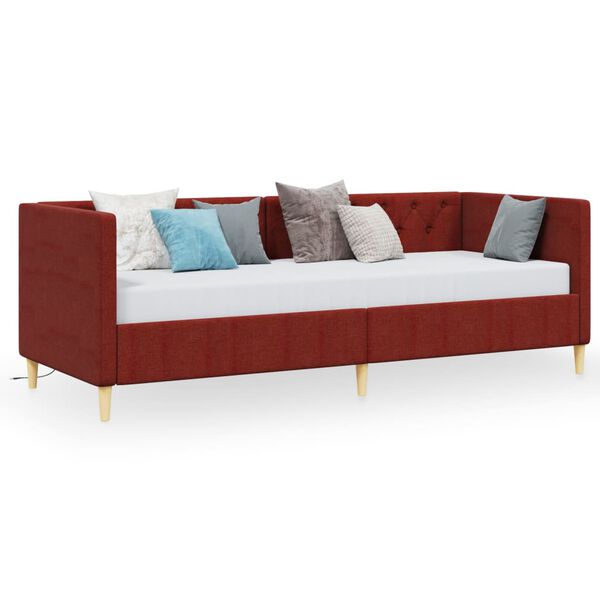 vidaXL Sof&aacute;-cama c/ colch&atilde;o e sa&iacute;da USB 90x200cm tecido vermelho tinto