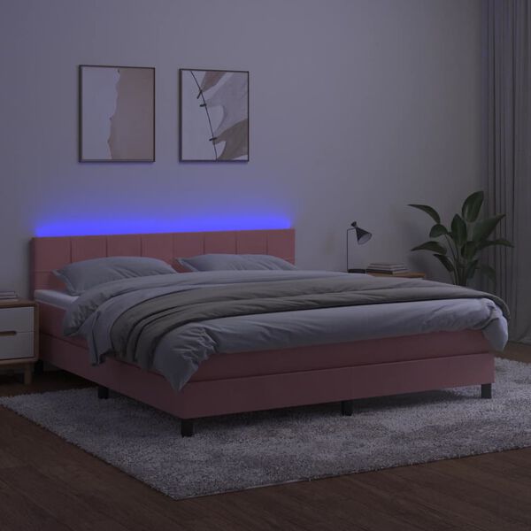 vidaXL Cama box spring c/ colch&atilde;o/LED 160x200 cm veludo rosa