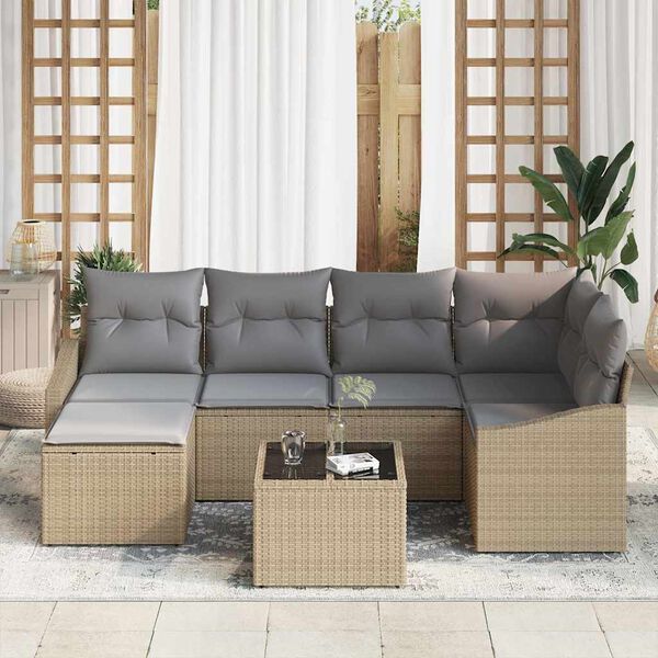 vidaXL Conjunto de Sof&aacute; de Jardim 7 pcs Bege Rattan Sint&eacute;tico