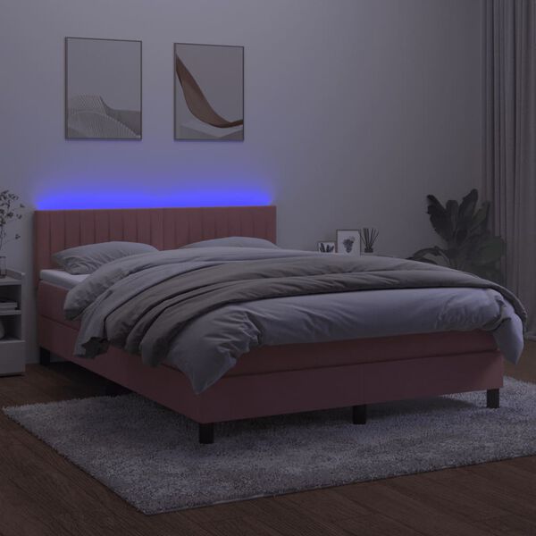 vidaXL Cama box spring c/ colch&atilde;o/LED 140x200 cm veludo rosa