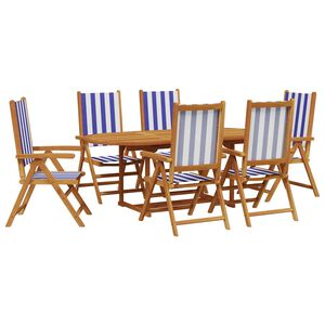 vidaXL 7pcs conjunto jantar jardim tecido/madeira maci&ccedil;a azul e branco