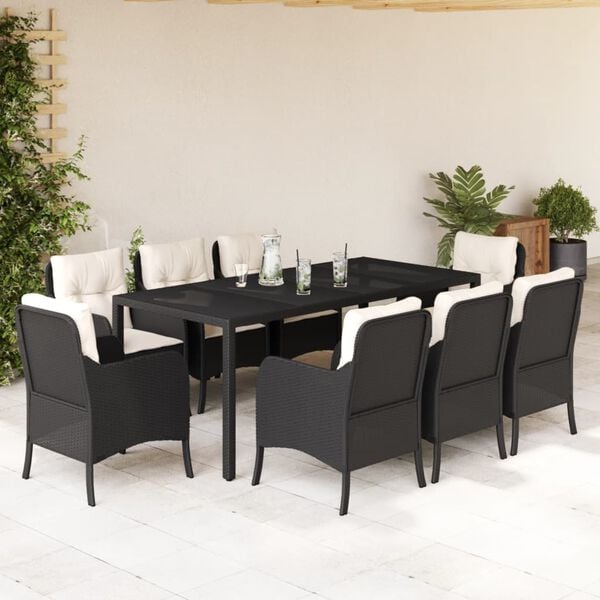 vidaXL 9 pcs conjunto de jantar p/ jardim c/ almofad&otilde;es vime PE preto