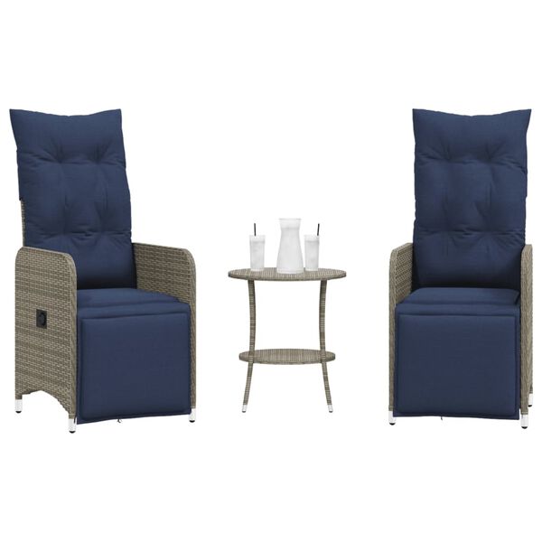 vidaXL Cadeiras de jardim reclin&aacute;veis 2 pe&ccedil;as com Mesa em vime sint&eacute;tico cinza
