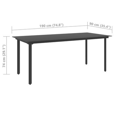 vidaXL Mesa de jantar para jardim 190x90x74 cm aço e vidro preto