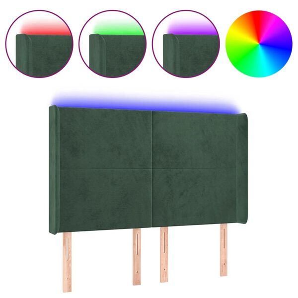 vidaXL Cabeceira de cama c/ LED veludo 147x16x118/128 cm verde-escuro