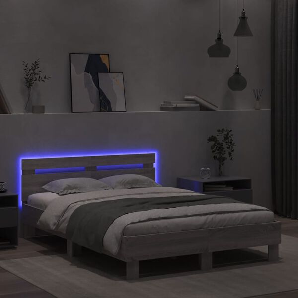 vidaXL Estrutura cama c/ cabeceira/luzes LED 120x200cm cinzento sonoma