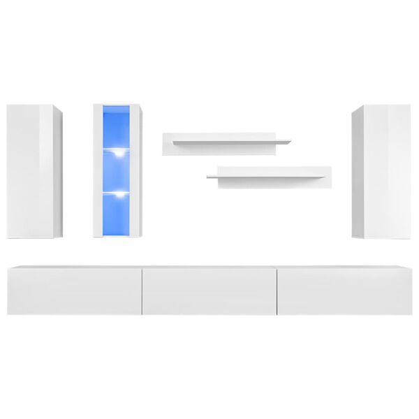 vidaXL Conj. unidades de parede p/ TV luzes LED 8 pcs branco brilhante