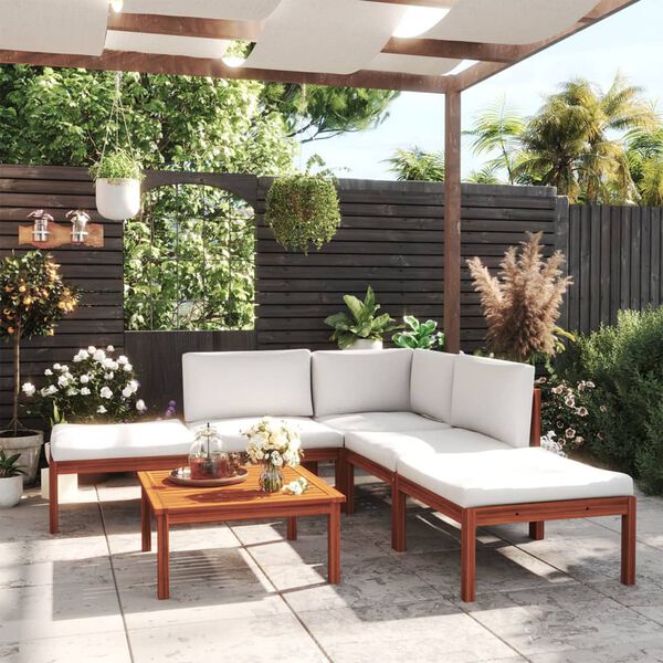 vidaXL Conjunto de lounge de jardim vidaXL com 6 peças e almofadas em madeira de acácia creme e corda