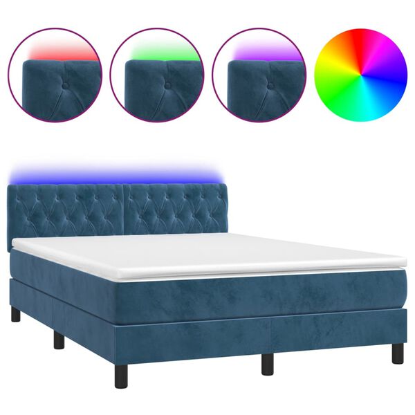 vidaXL Cama box spring c/ colch&atilde;o/LED 140x190 cm veludo azul-escuro
