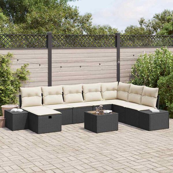 vidaXL Conjunto de Sof&aacute; de Jardim com almofada 9 pcs Preto vime PE