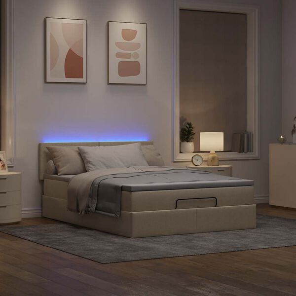vidaXL Cama Otomana com Colch&atilde;o & LEDs Creme 140x190cm Tecido