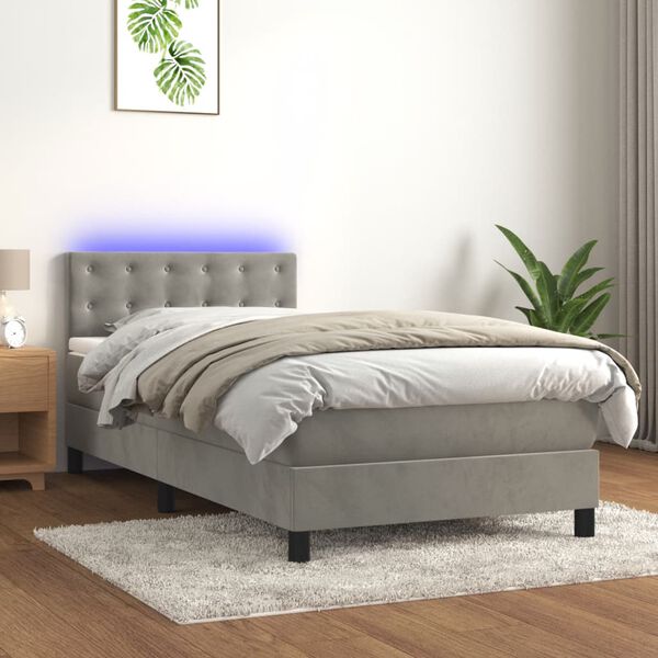 vidaXL Cama box spring c/ colch&atilde;o/LED 90x200 cm veludo cinzento-claro