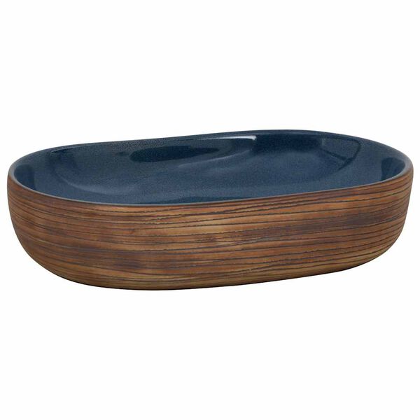 vidaXL Lavat&oacute;rio de bancada oval 59x40x14 cm cer&acirc;mica castanho e azul