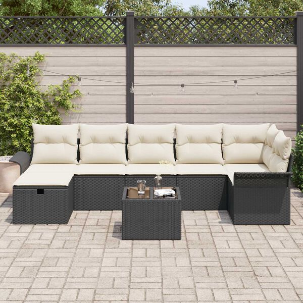 vidaXL Conjunto de Sof&aacute; de Jardim Manual 8 pcs Preto e Creme vime PE