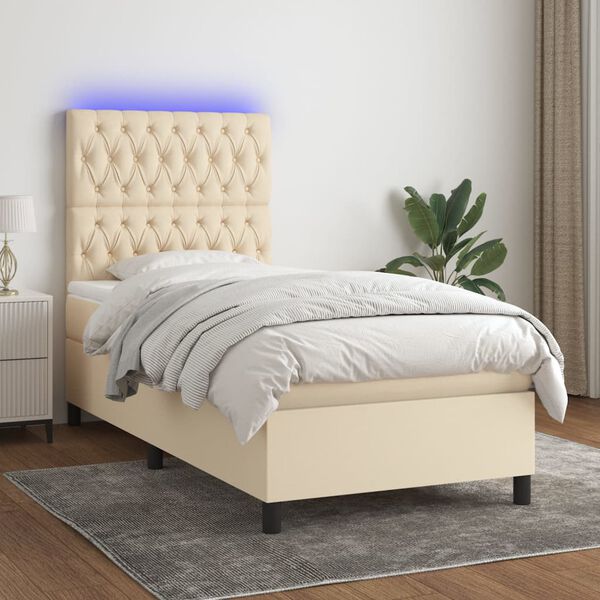 vidaXL Cama box spring c/ colch&atilde;o e LED 90x190 cm tecido cor creme