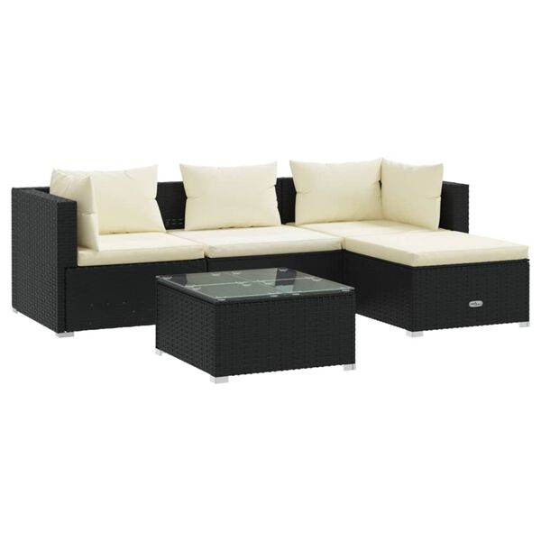 vidaXL 5 pcs conjunto lounge de jardim c/ almofad&otilde;es vime PE preto