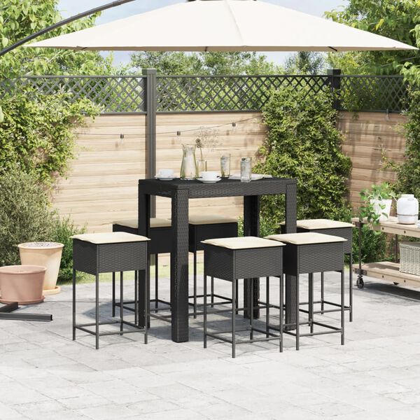 vidaXL 7 pcs conjunto de bar para jardim c/ almofad&otilde;es vime PE preto