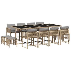 vidaXL 13 pcs conj. jantar jardim c/ almofad&otilde;es vime PE bege misturado