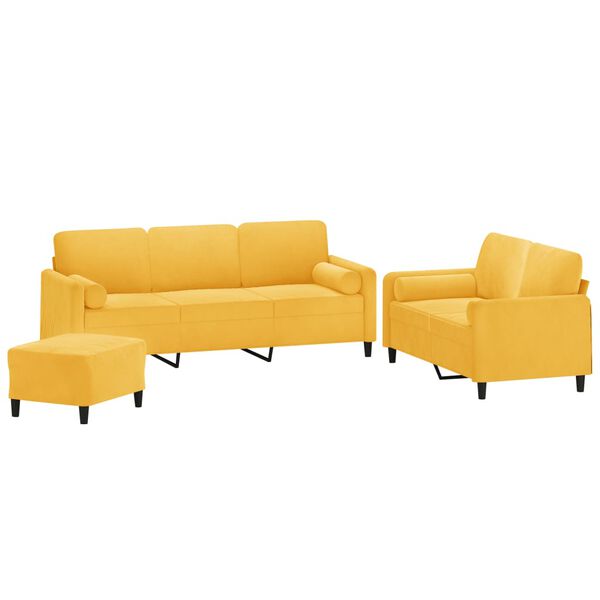 vidaXL 3 pcs conjunto sof&aacute;s c/ almofadas/almofad&otilde;es veludo amarelo
