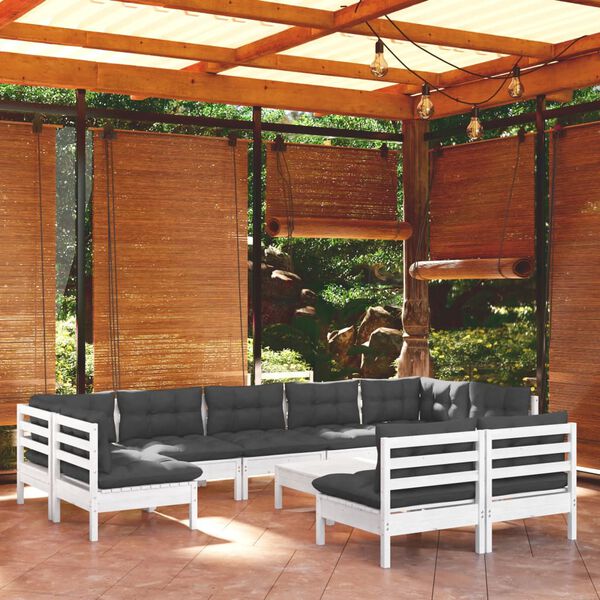 vidaXL 10 pcs conj. lounge de jardim c/ almofadões pinho maciço branco