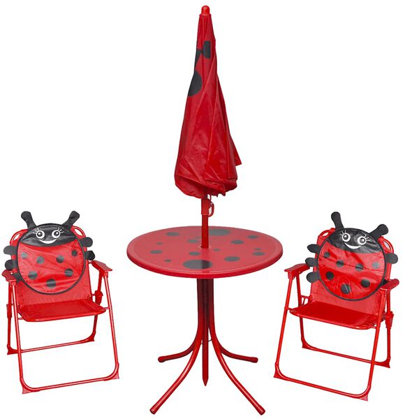 vidaXL 3 pcs conjunto bistrô de jardim infantil c/ guarda-sol vermelho