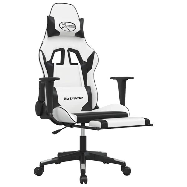vidaXL Cadeira gaming massagens c/ apoio pés couro artif. Branco/preto