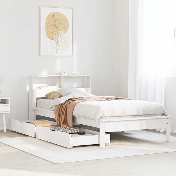 vidaXL Cama com estante sem colch&atilde;o 100x200 cm pinho maci&ccedil;o branco
