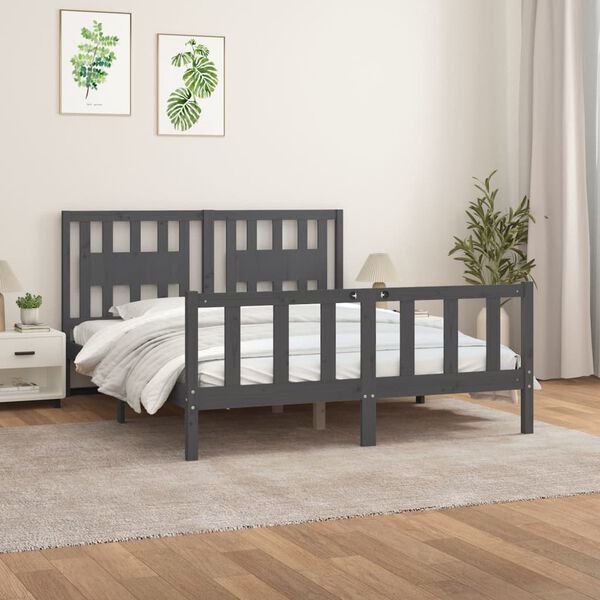 vidaXL Estrutura de cama com cabeceira 160x200 cm pinho maci&ccedil;o cinza