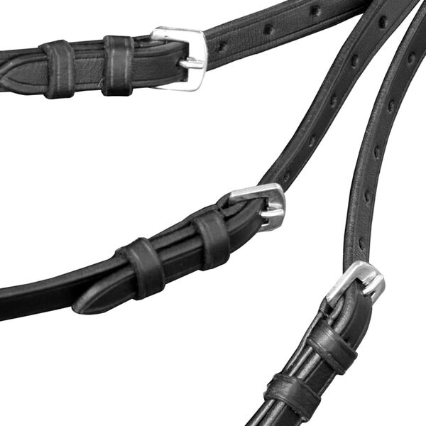 Cabe&ccedil;ada de couro com r&eacute;deas e brida, p&oacute;nei, preto