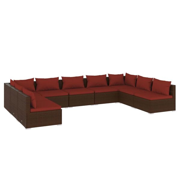 vidaXL 9 pcs conjunto lounge jardim c/ almofad&otilde;es vime PE castanho
