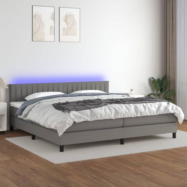 vidaXL Cama box spring c/ colch&atilde;o e LED 200x200 cm tecido cinza-escuro