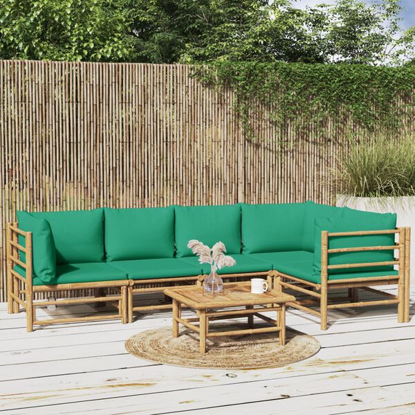 vidaXL 6 pcs conjunto lounge de jardim bambu c/ almofadões verdes