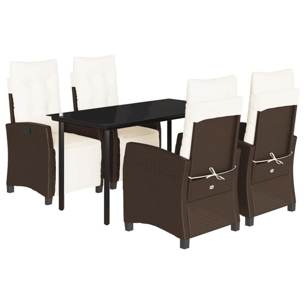 vidaXL 5 pcs conjunto jantar p/ jardim c/ almofad&otilde;es vime PE castanho