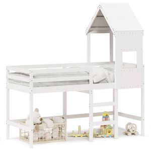 vidaXL Cama alta c/ escada e telhado 90x190 cm pinho maci&ccedil;o branco