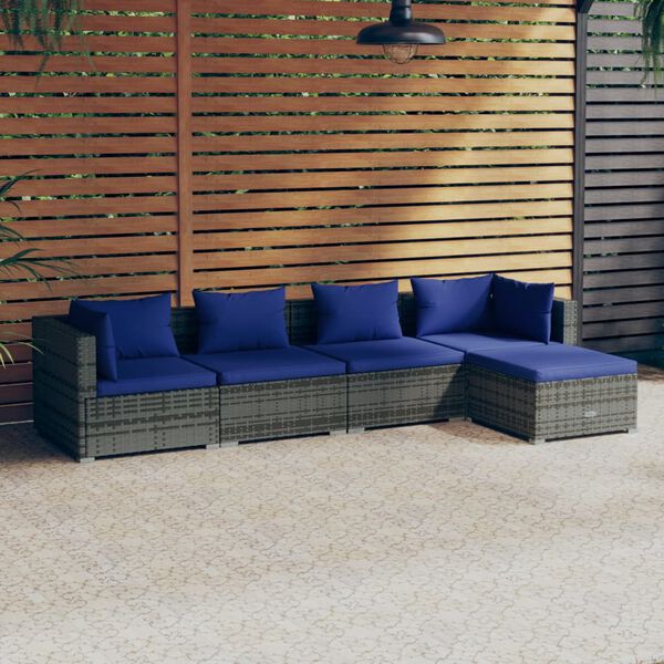 vidaXL 5 pcs conjunto lounge de jardim c/ almofad&otilde;es vime PE cinzento