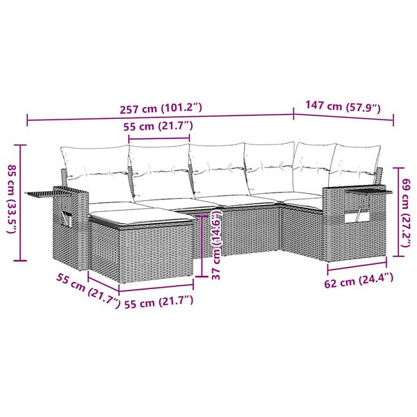 vidaXL 7 pcs conjunto de sof&aacute;s p/ jardim c/ almofad&otilde;es vime PE preto